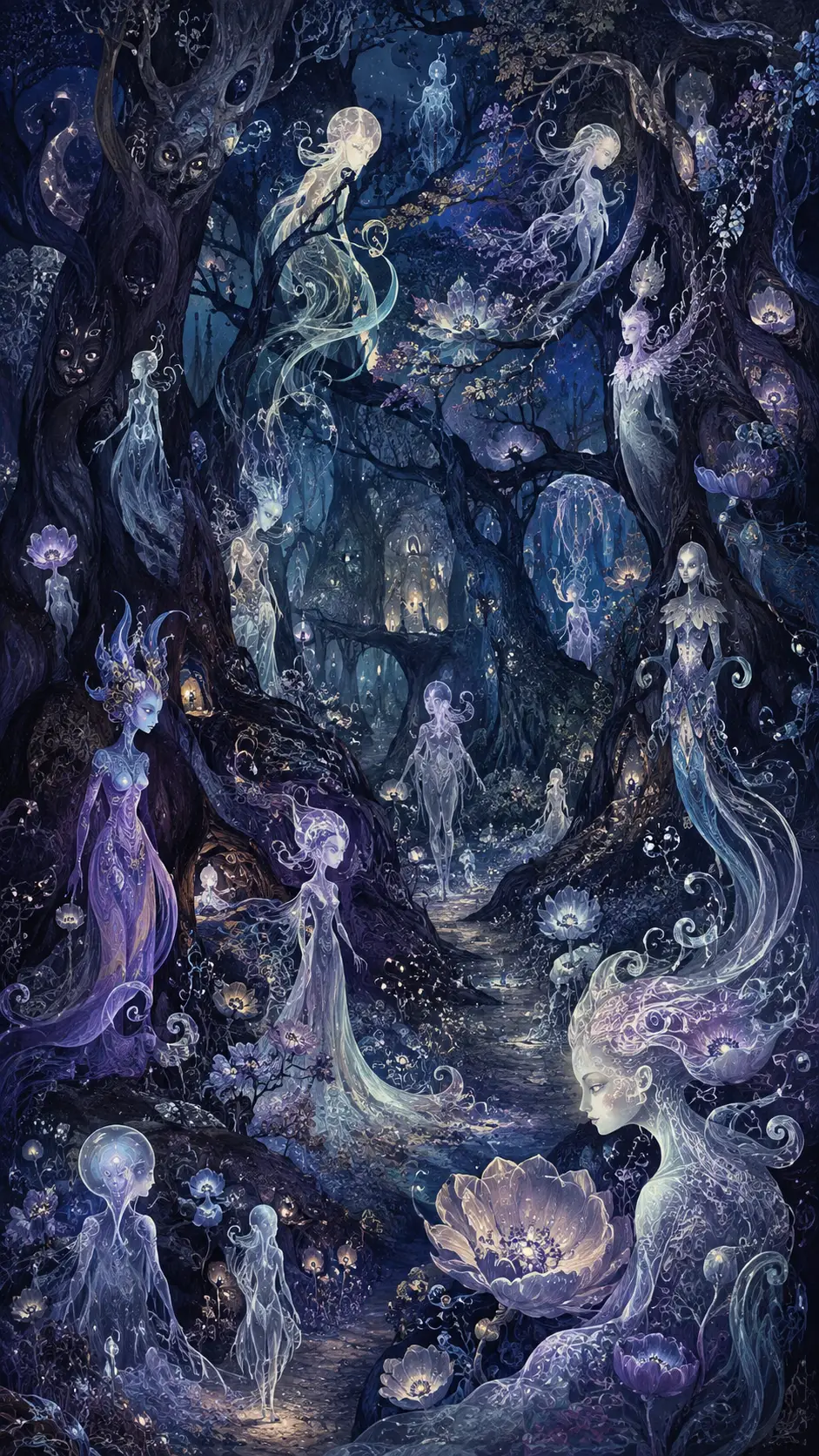發光花朵下的透明精靈魔幻森林