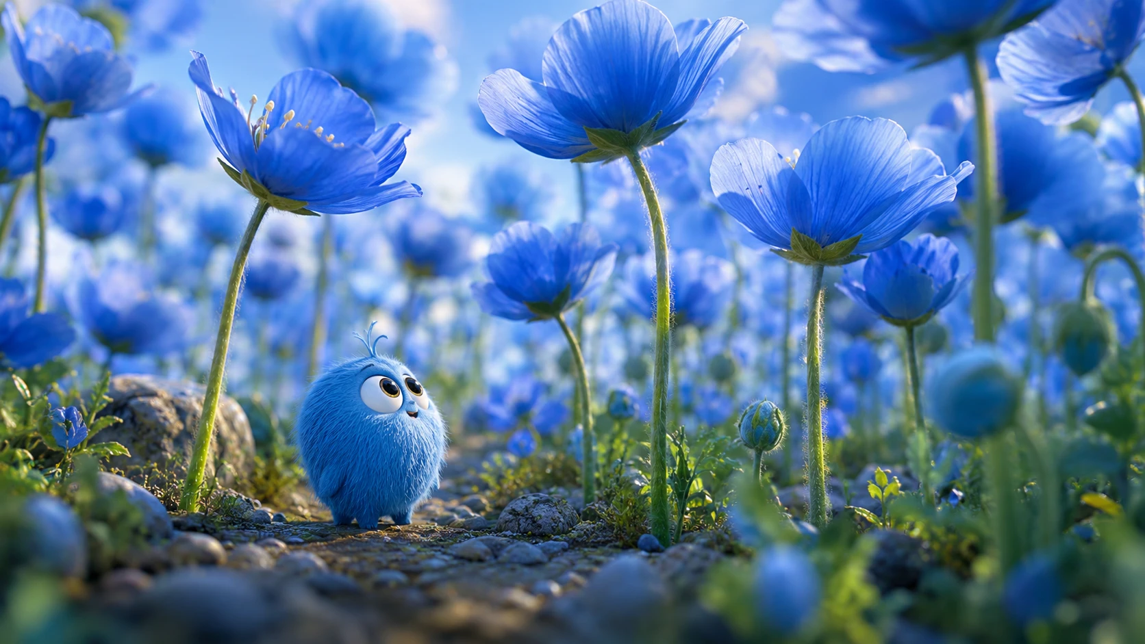 Pequena criatura azul explorando um campo de altas flores azuis
