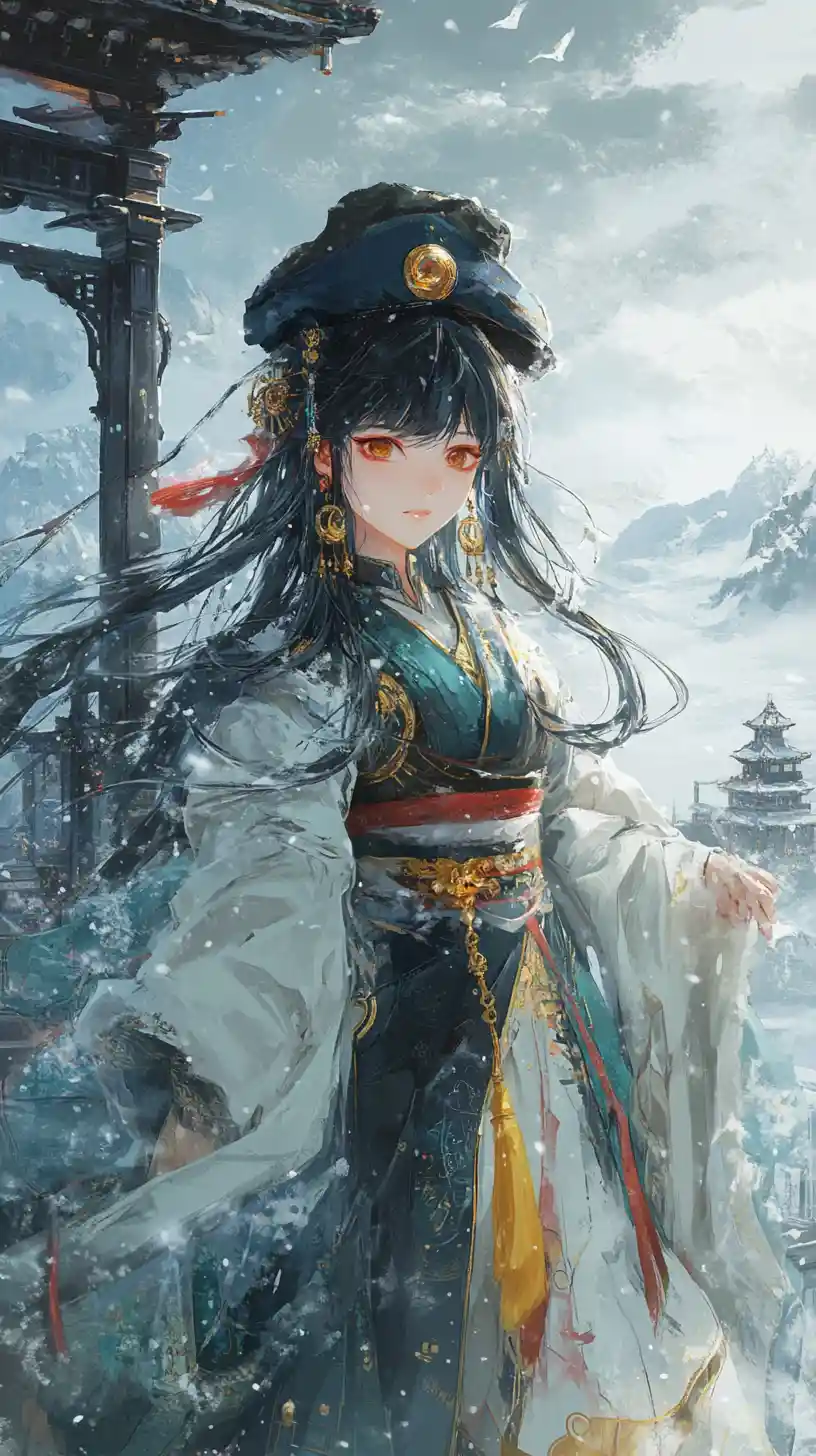 戴帽子與綠色圍巾的華麗服裝動漫少女