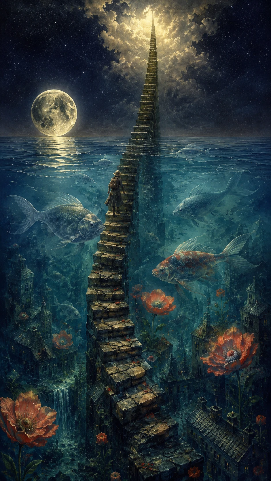 Escalier de pierre impossible surgissant d’un océan immobile à minuit