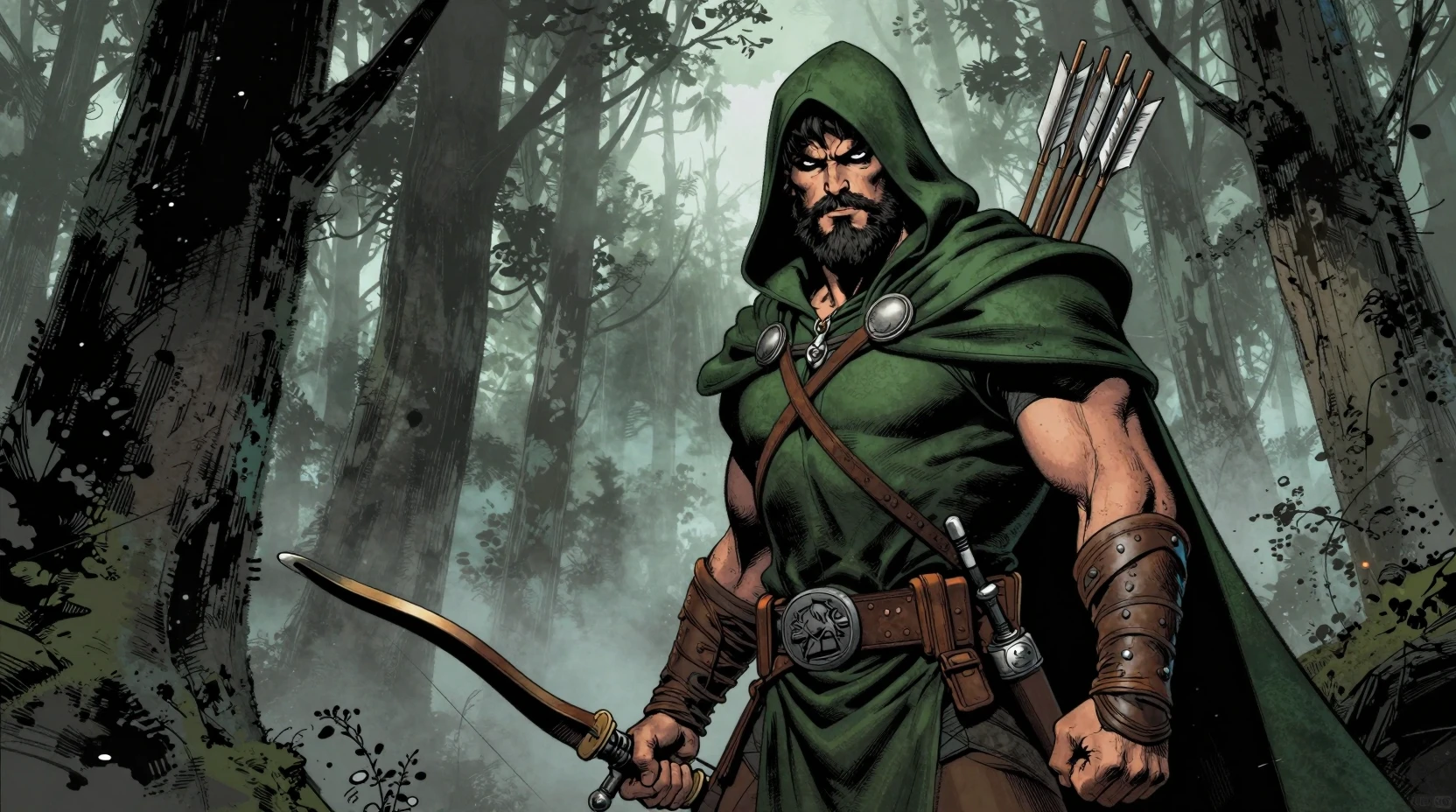 Archer barbu en cape verte traquant sa proie dans une forêt brumeuse