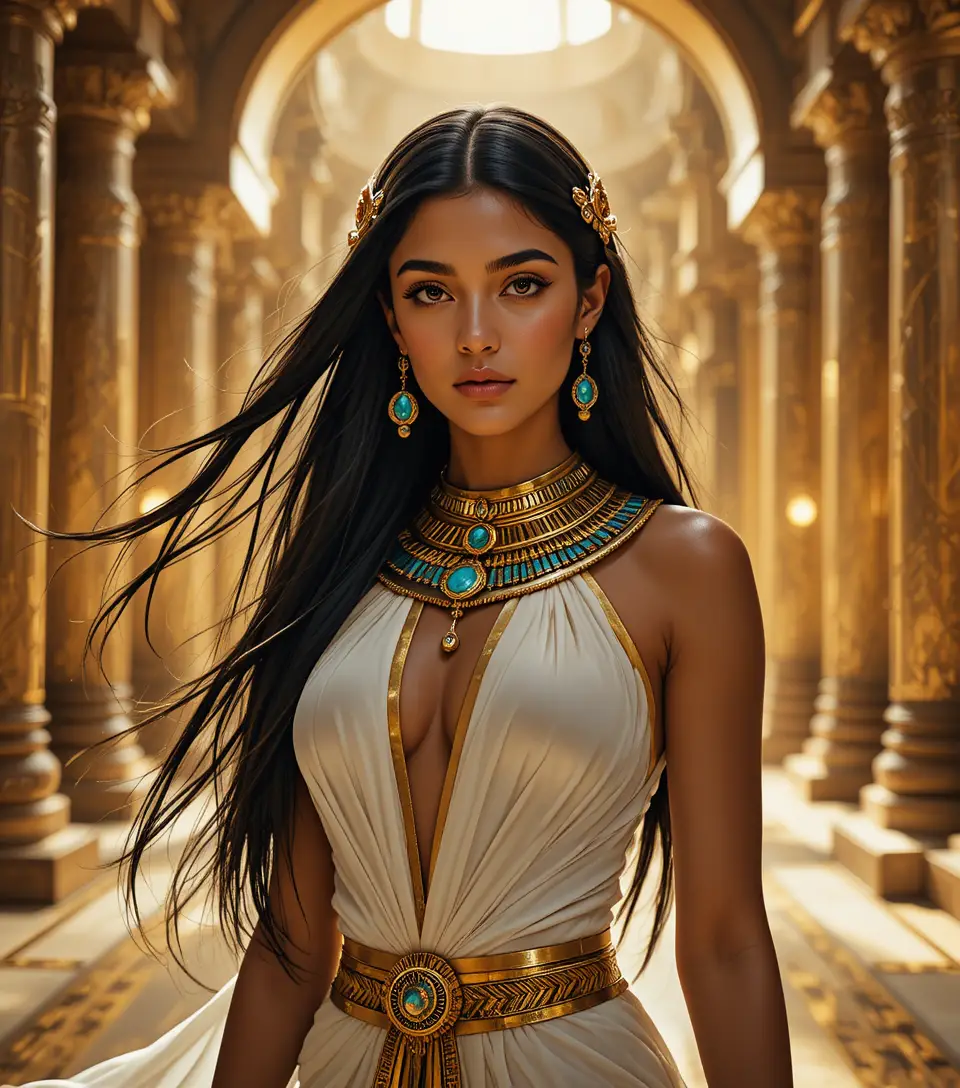 Portrait d’une femme de l’Égypte antique dans un palais doré et turquoise