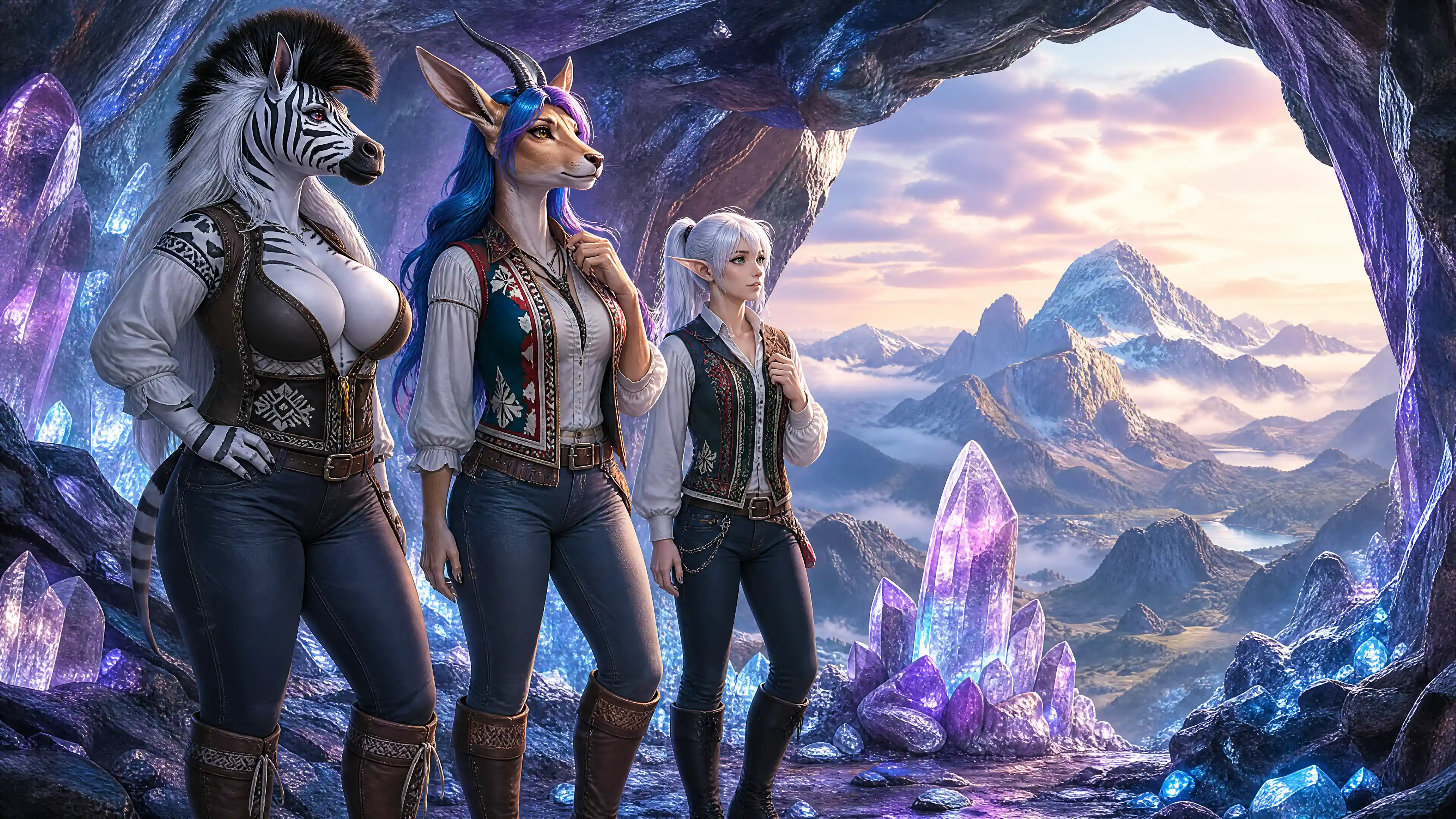 Fantasy trio discovering a crystal cave atop a mountain