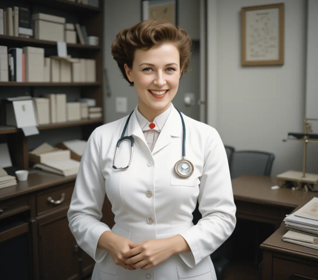 Asistente médica vintage con bata blanca detrás del mostrador de la clínica