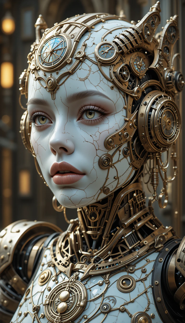 Robot humanoide steampunk en elaborado estilo 3D art nouveau