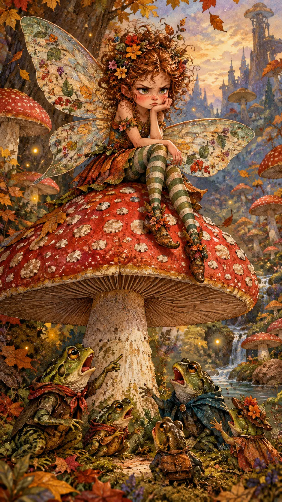 Minuscule fée des bois sur un gigantesque champignon tacheté