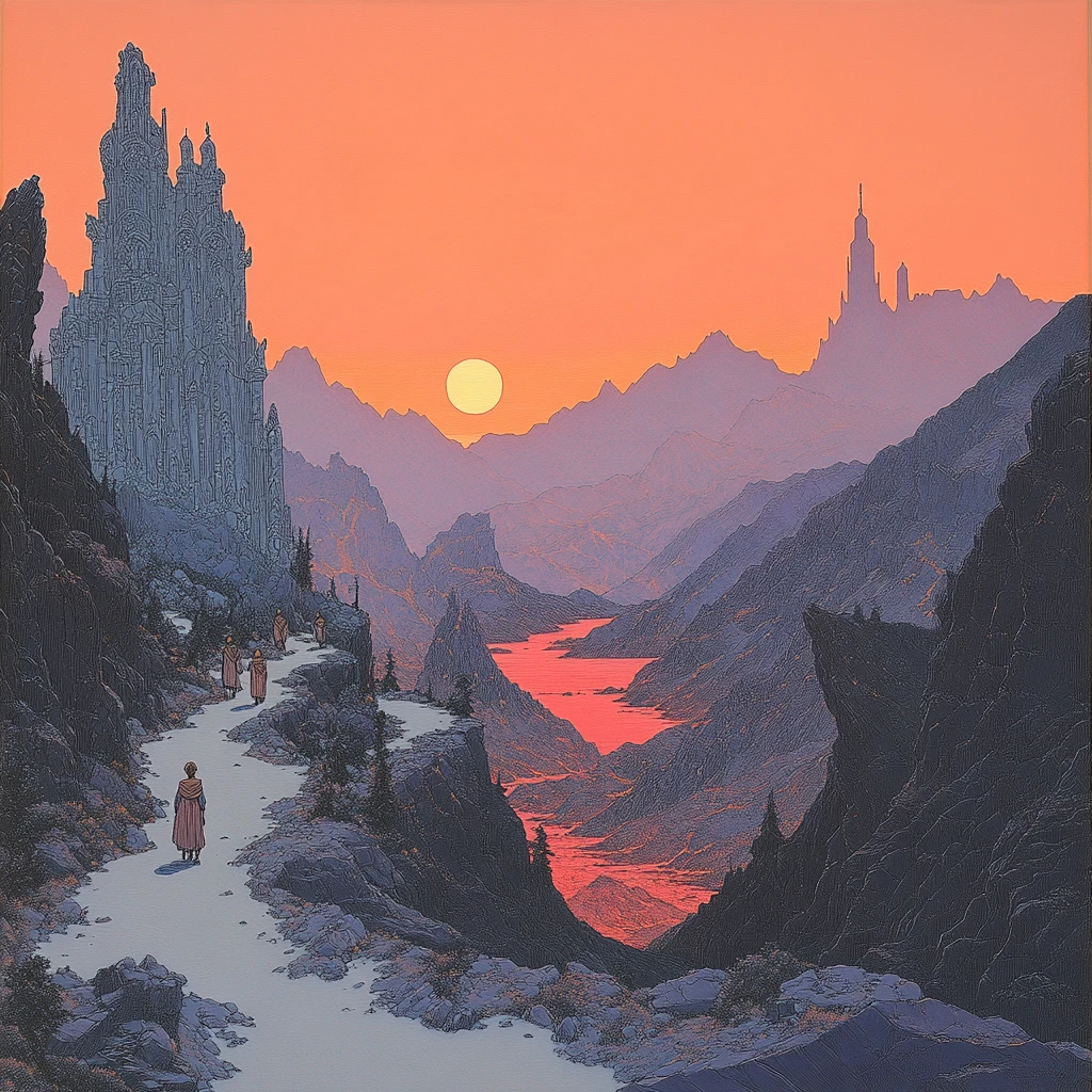 Wanderer auf einem Bergpfad in der Dämmerung unter warmem Himmel