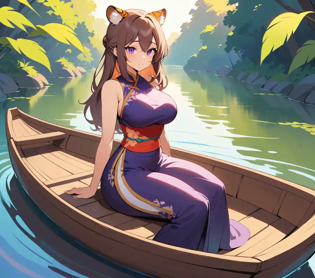 Tiger eared woman in ao dai on river boat at dusk