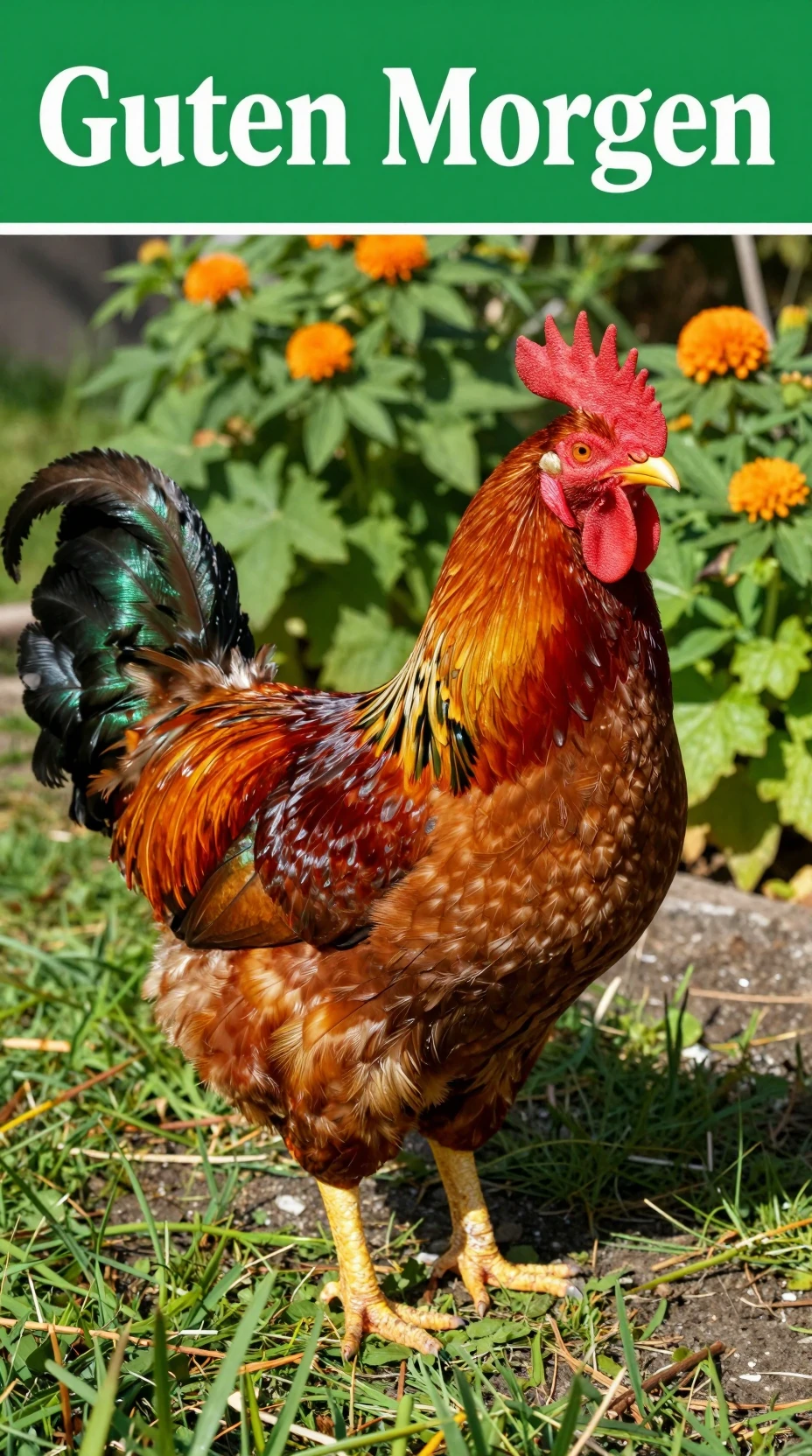 Galo colorido em pé na grama do jardim à luz da manhã