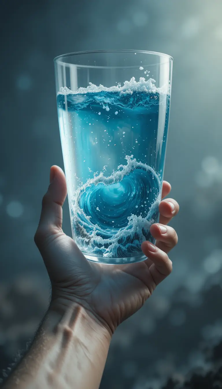 Giant human hand holding a glass with a tiny ocean