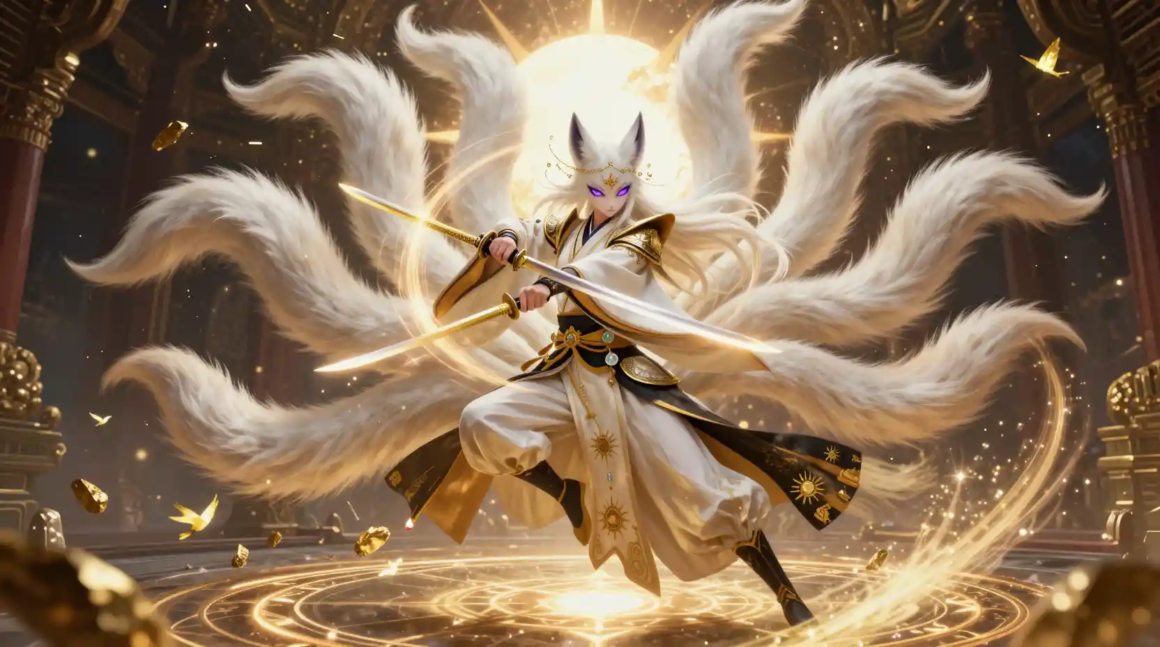 Divine nine tailed kitsune warrior in celestial arena