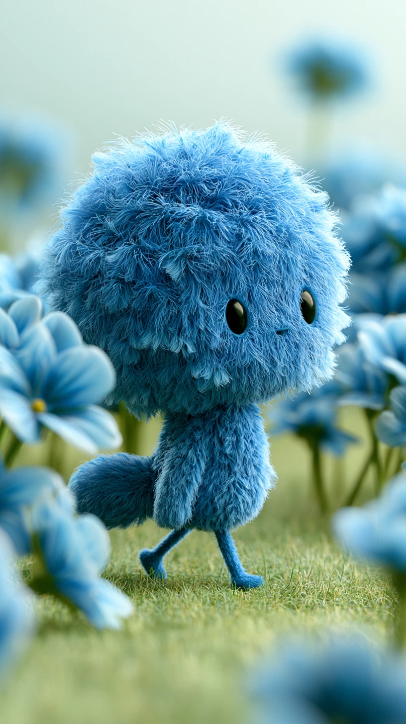 Piccola creatura blu pelosa che esplora un campo di fiori blu