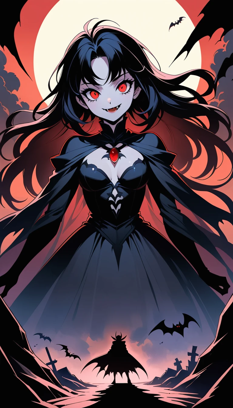 Pale vampire woman under a full moon in comic style