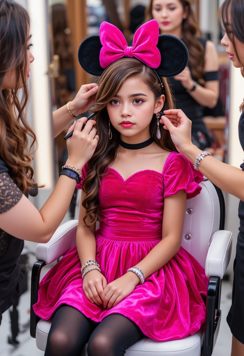 Menino nervoso em transformação da Minnie Mouse na cadeira do salão