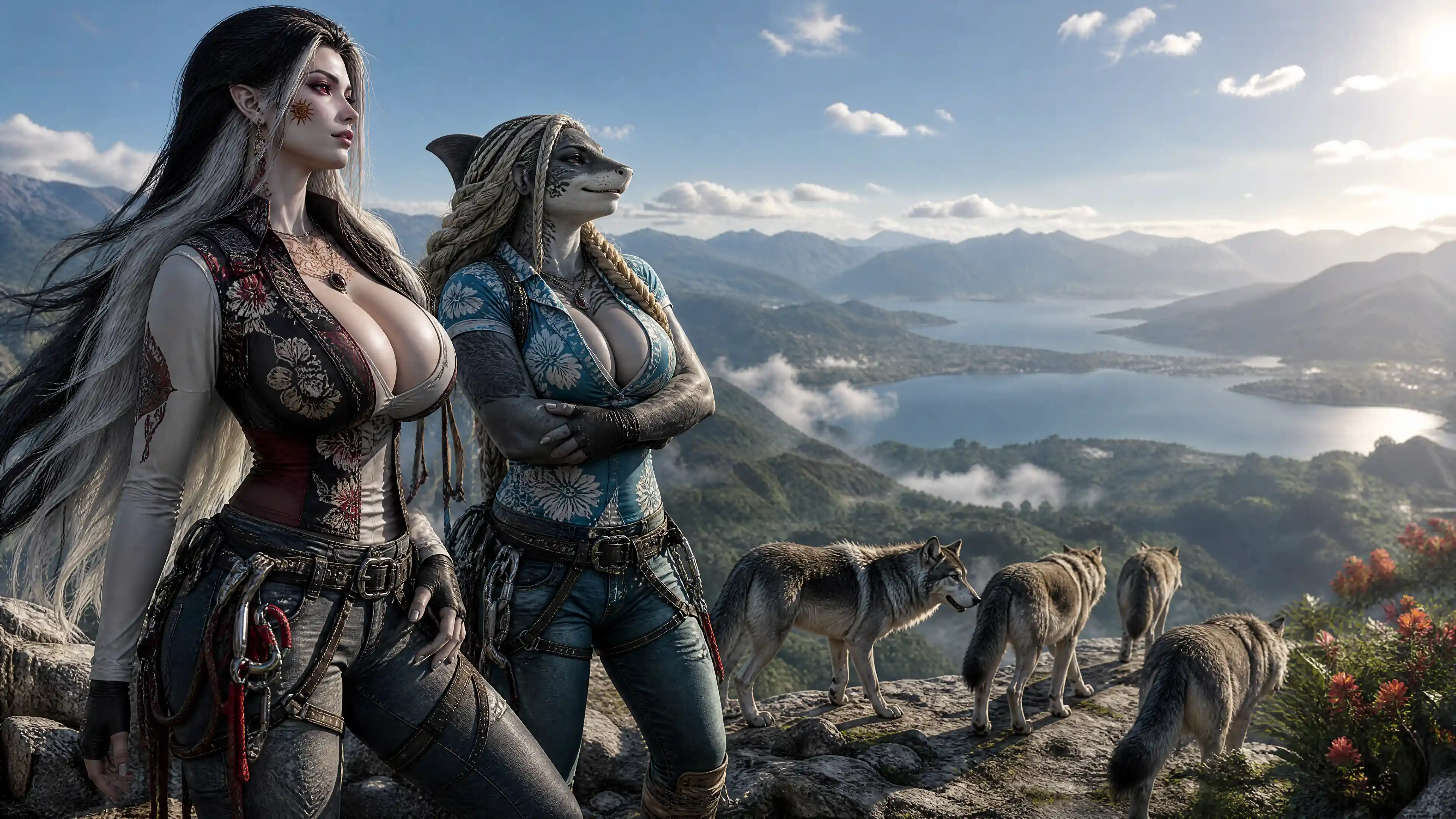 Two fantasy women watching wolves on a mountain top
