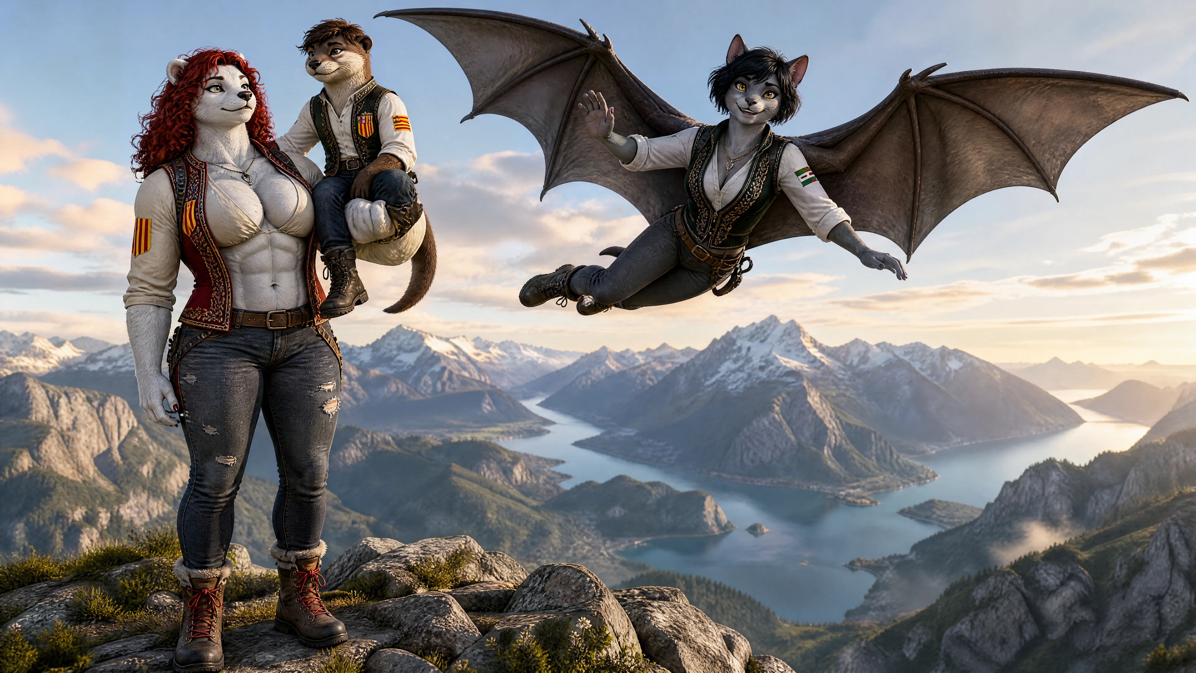 Anthro polar bear woman carrying otter partner on mountain
