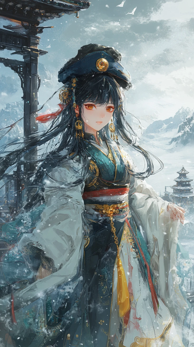 Chica de anime con atuendo ornamentado, sombrero y bufanda verde