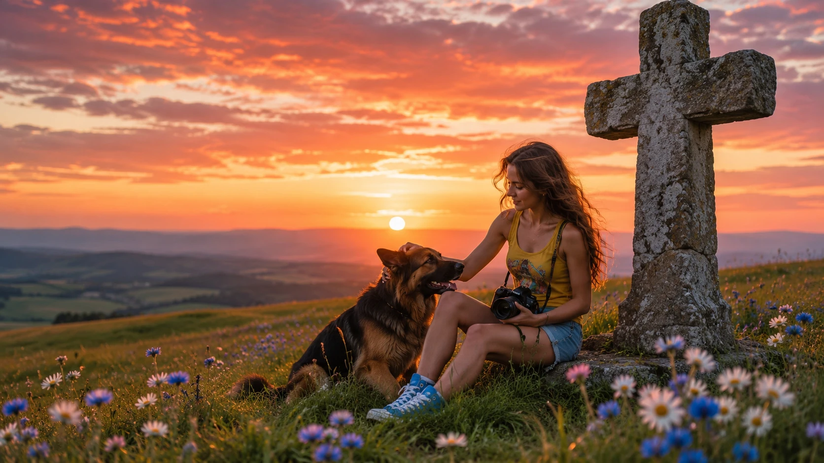 Girl and dog resting by ancient stone cross at sunset