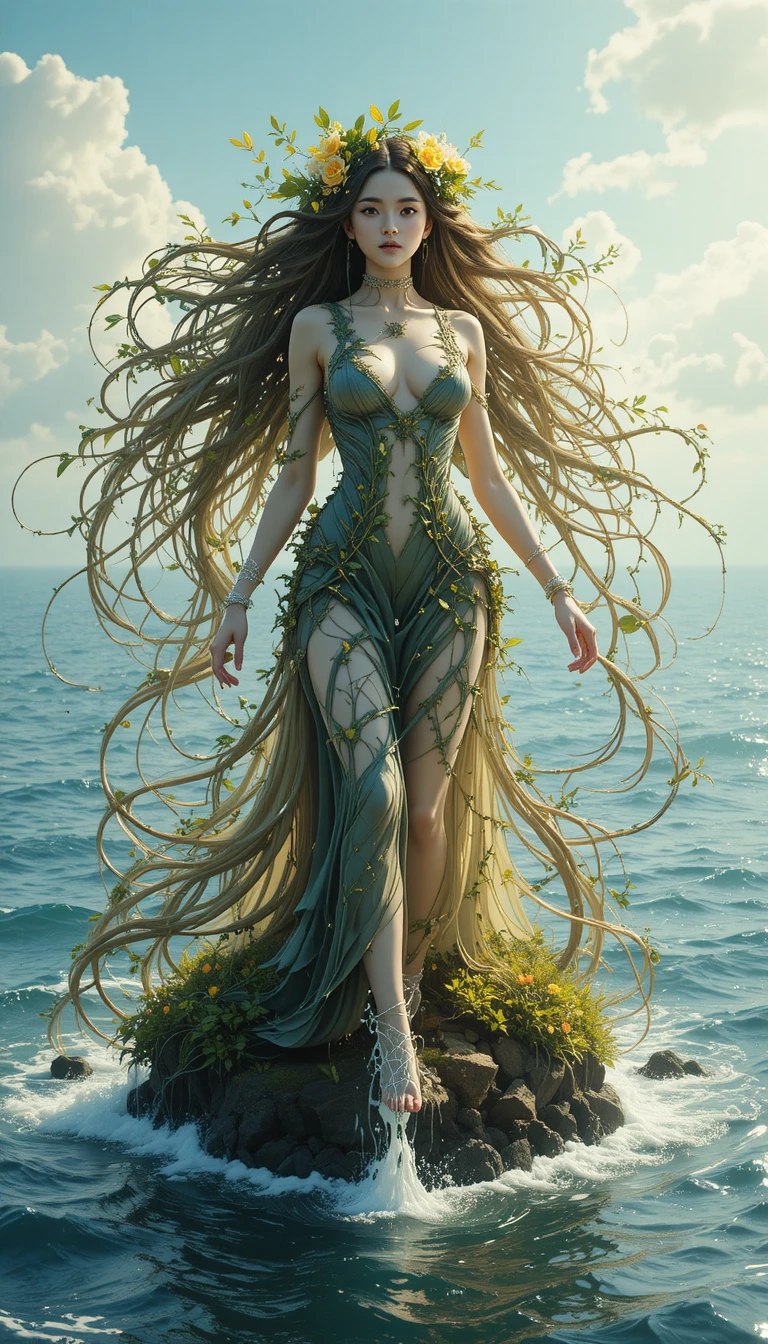 Enorme donna della natura che cammina calma attraverso l’oceano infinito