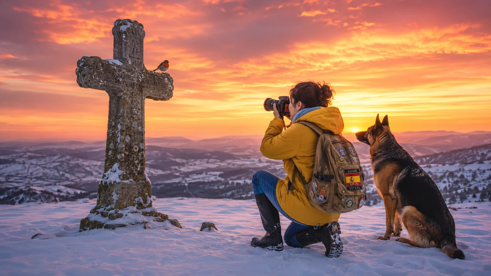 Mädchen fotografiert ein Rotkehlchen auf einem alten Steinkreuz im Sonnenuntergang