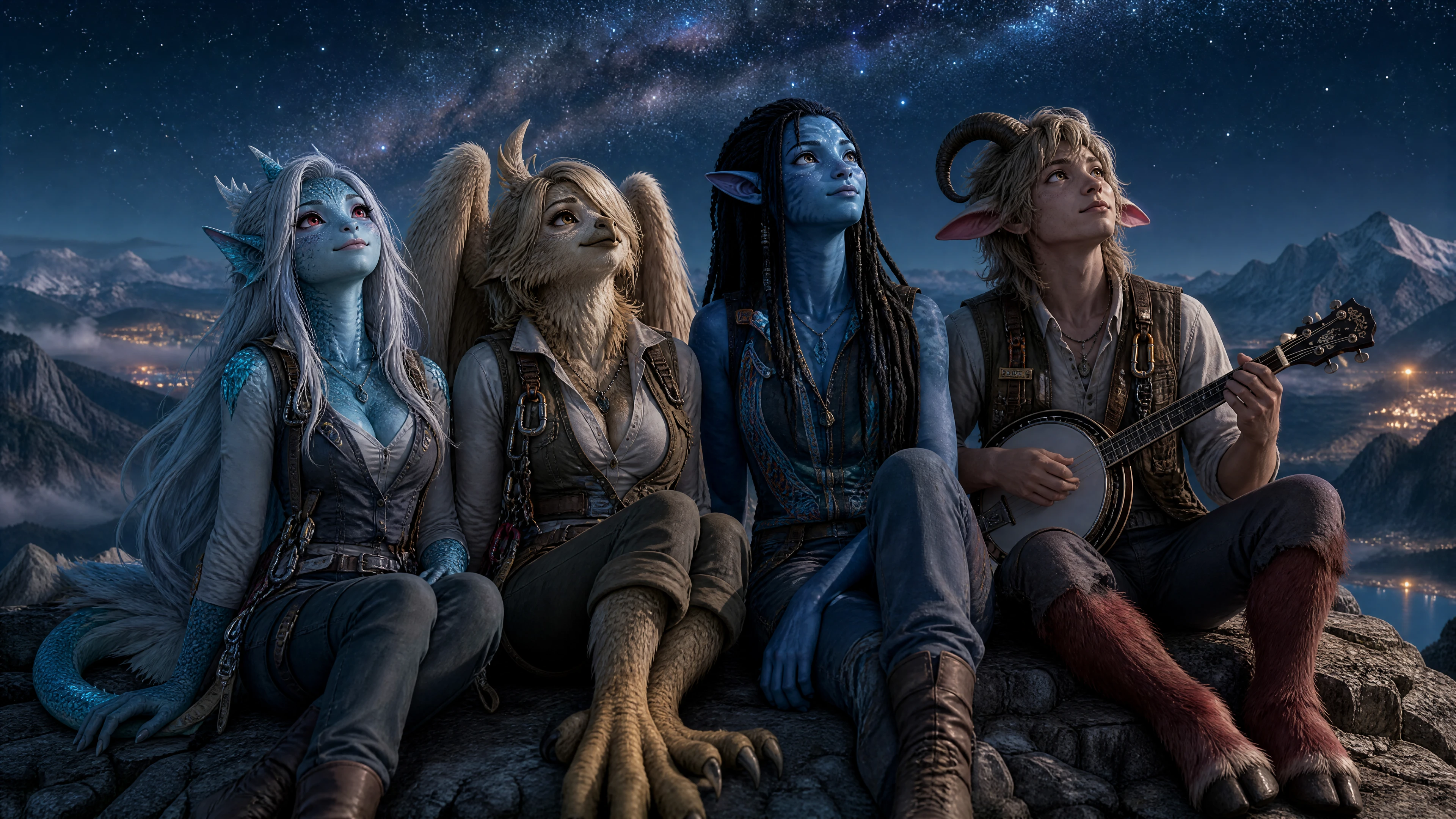 Companheiros de fantasia observando as estrelas no topo da montanha