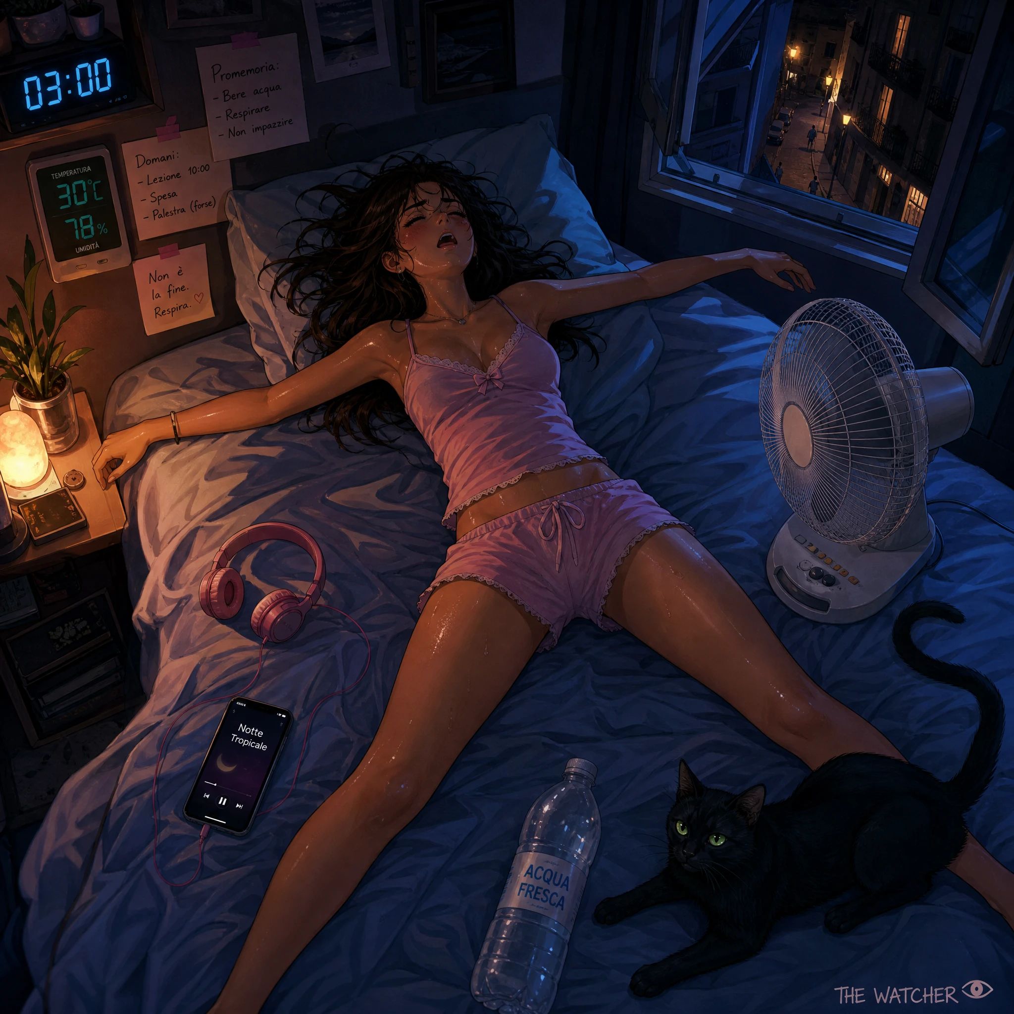 Garota de anime esparramada na cama em noite quente de verão