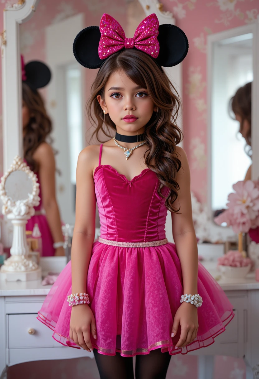 Menino usando fantasia de princesa rosa em frente à penteadeira