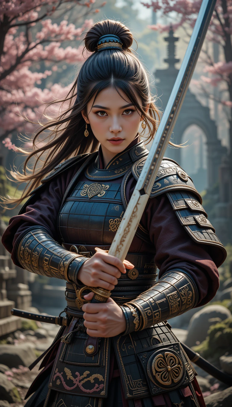 Guerreira feroz em armadura de samurai na floresta mística