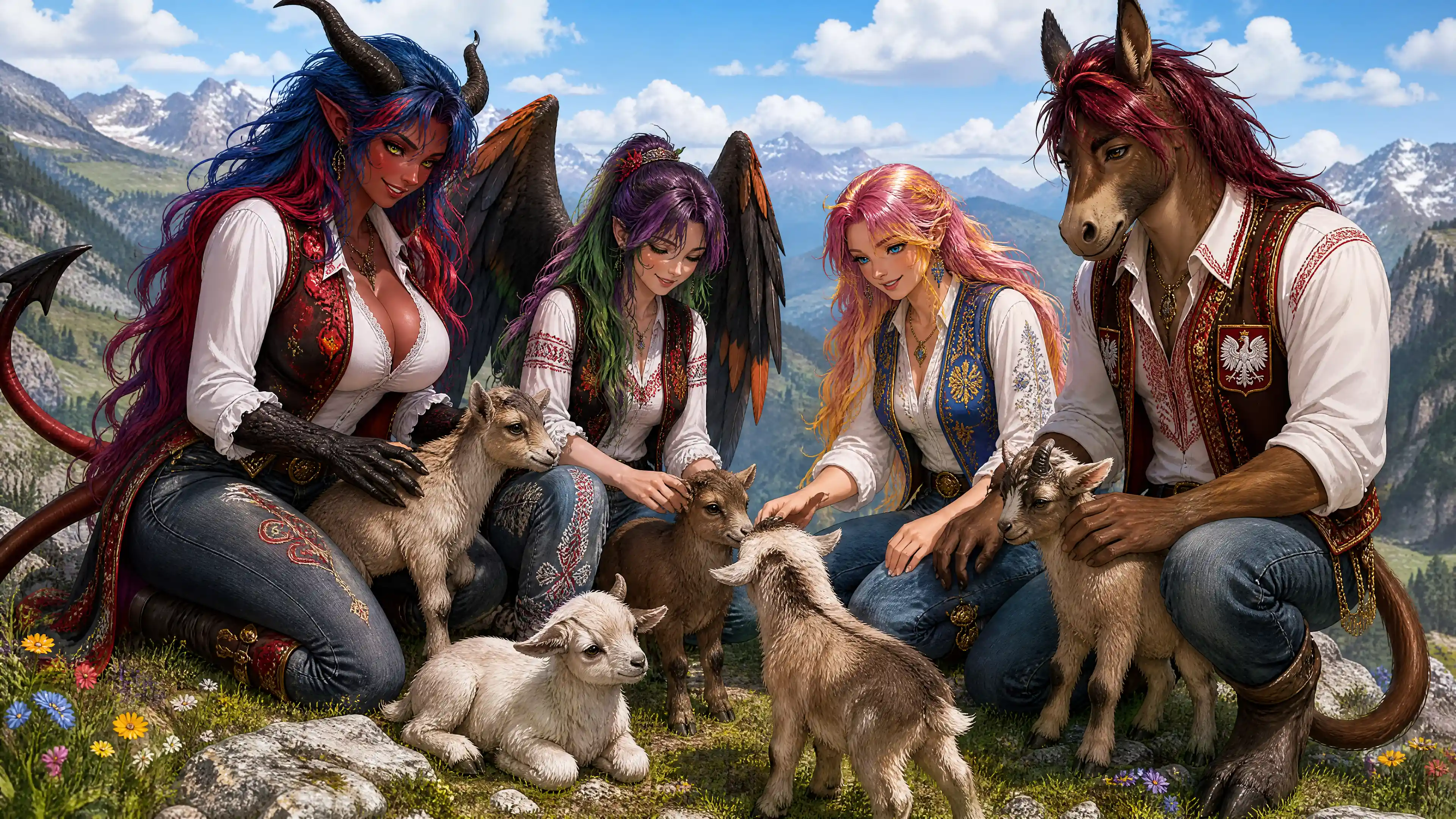 Fantasy climbers pet baby mountain goats on sunny peak