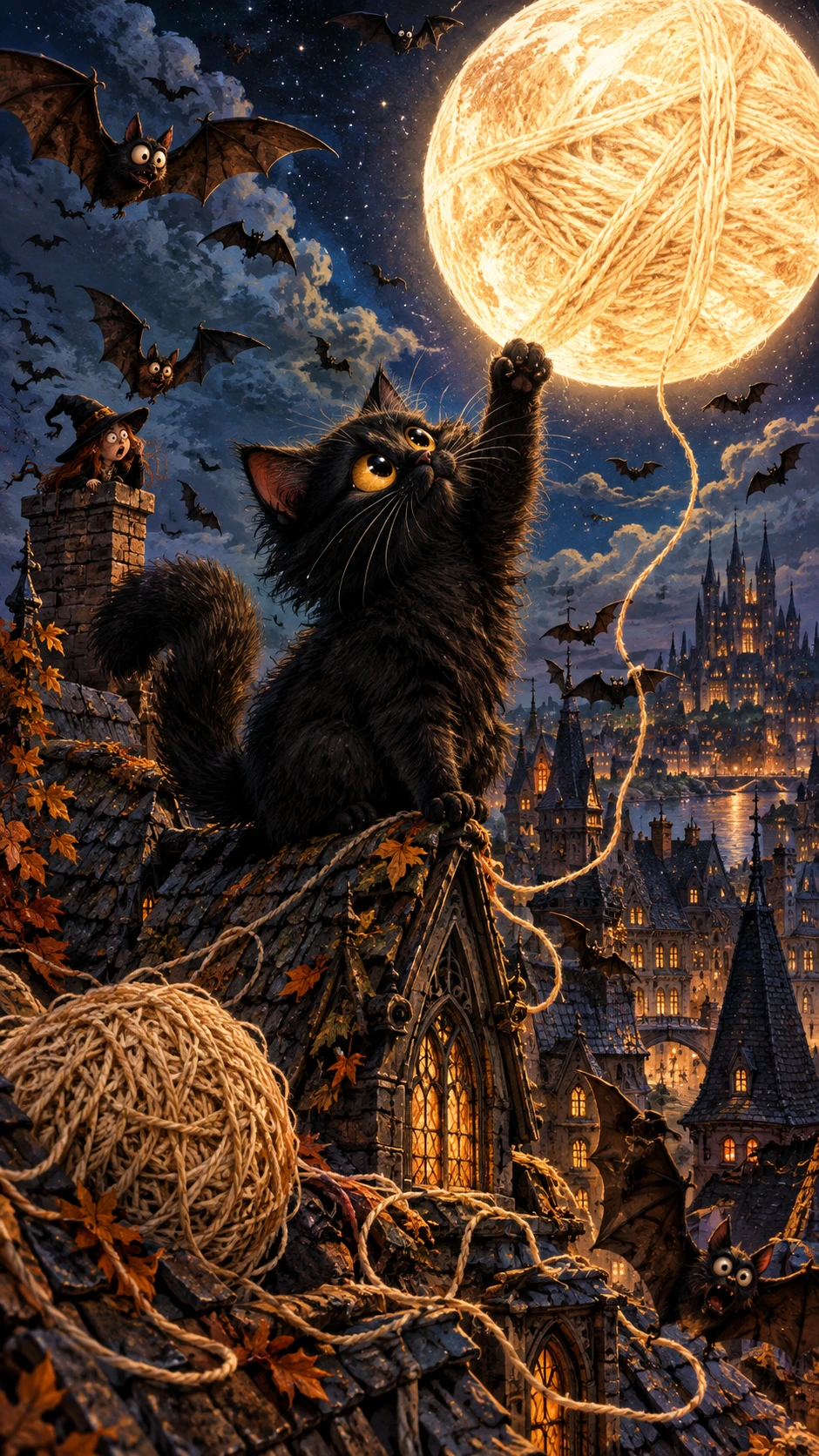 Gato preto fofinho dando patadas em uma lua gigante sobre telhados