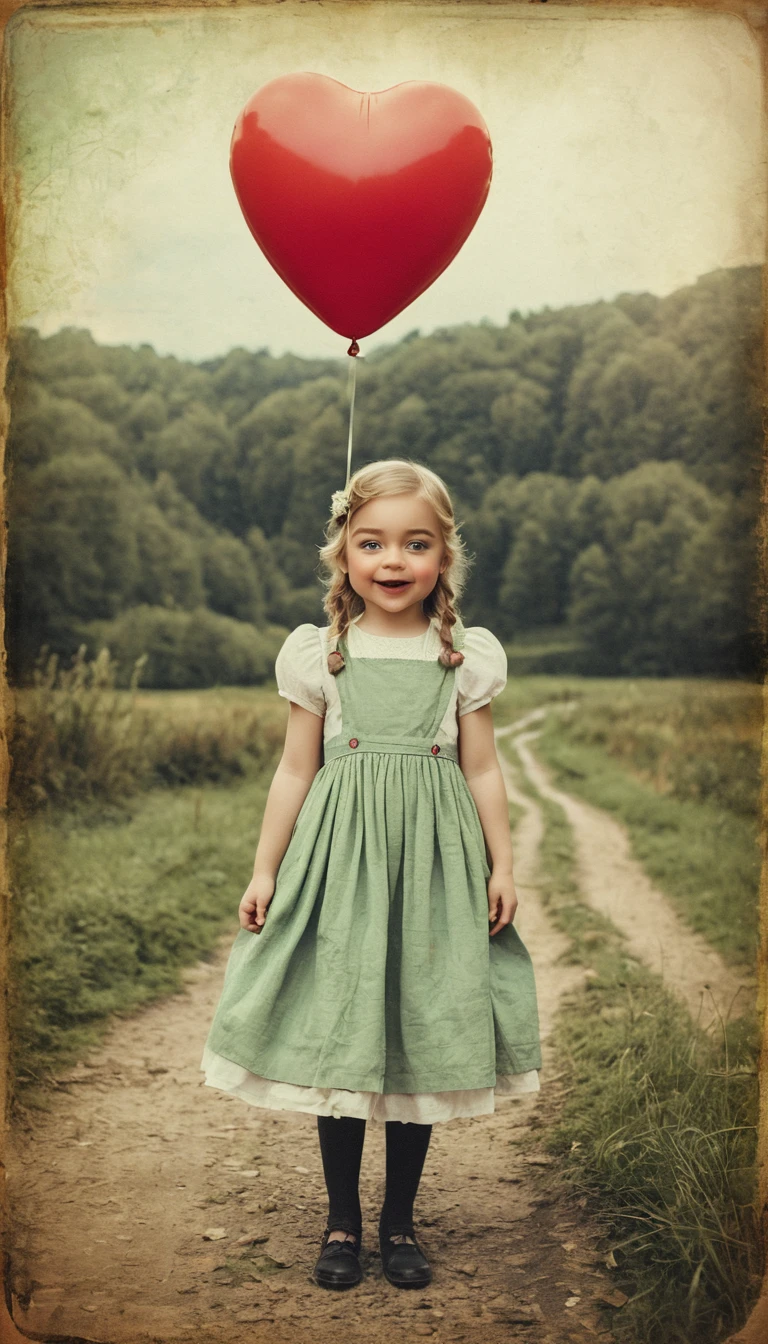 Bambina stilizzata allegra con palloncino a forma di Terra e cuore