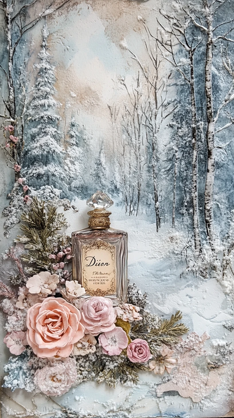 Frasco de perfume Dior con flores reposando en la nieve suave