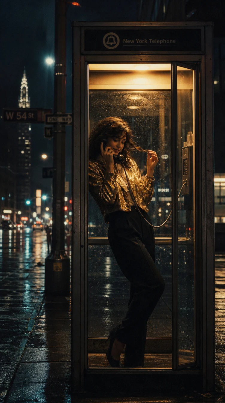 Mulher ao telefone em cabine brilhante nas ruas de Nova York