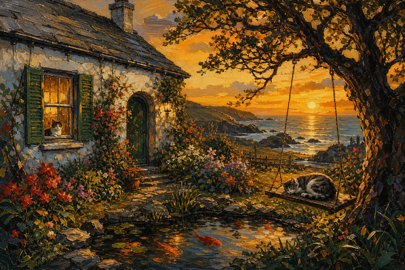 Gemütliches irisches Cottage mit Garten und Katzen im Sonnenuntergang