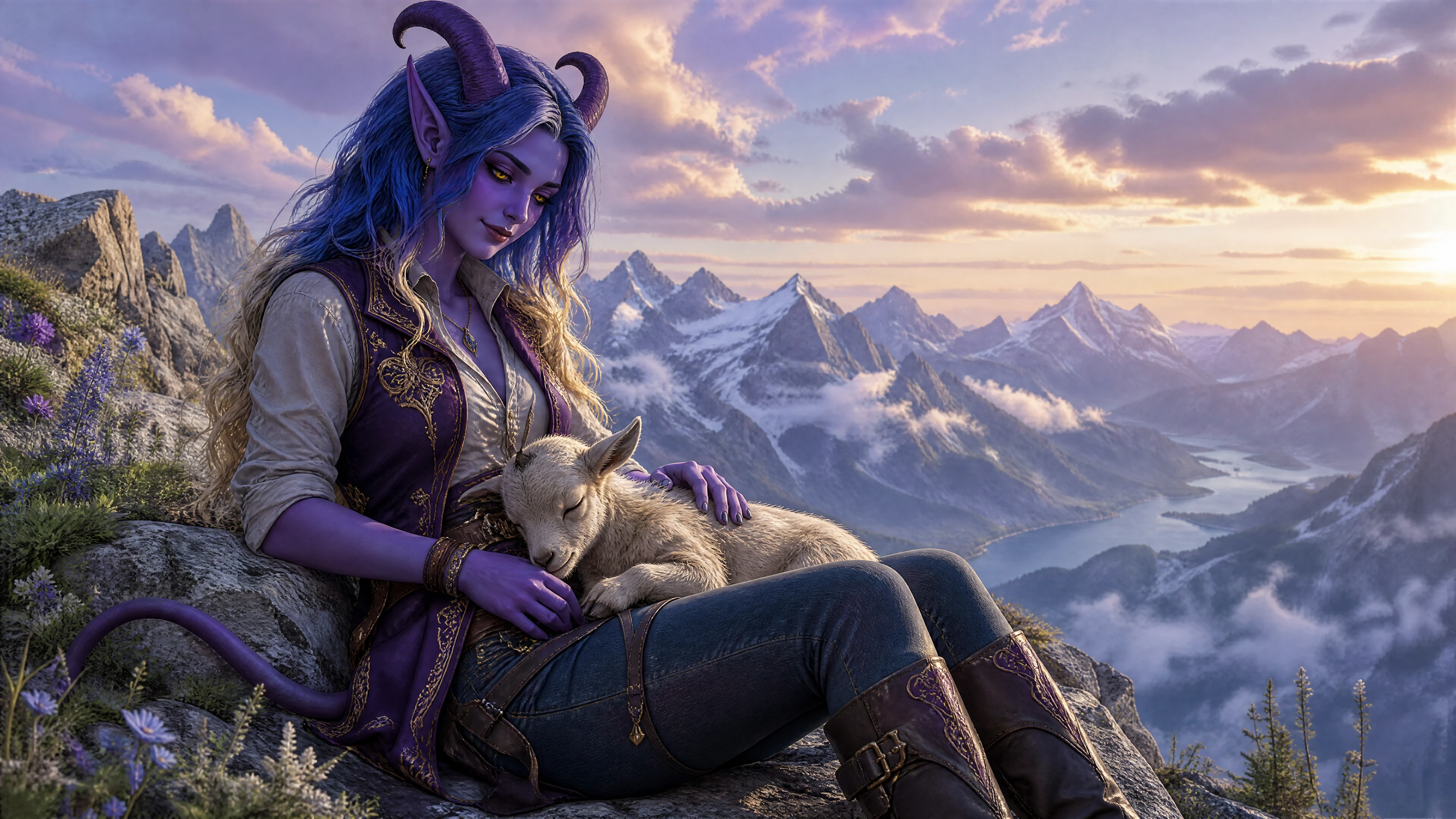 Donna tiefling che culla un capretto addormentato su una montagna