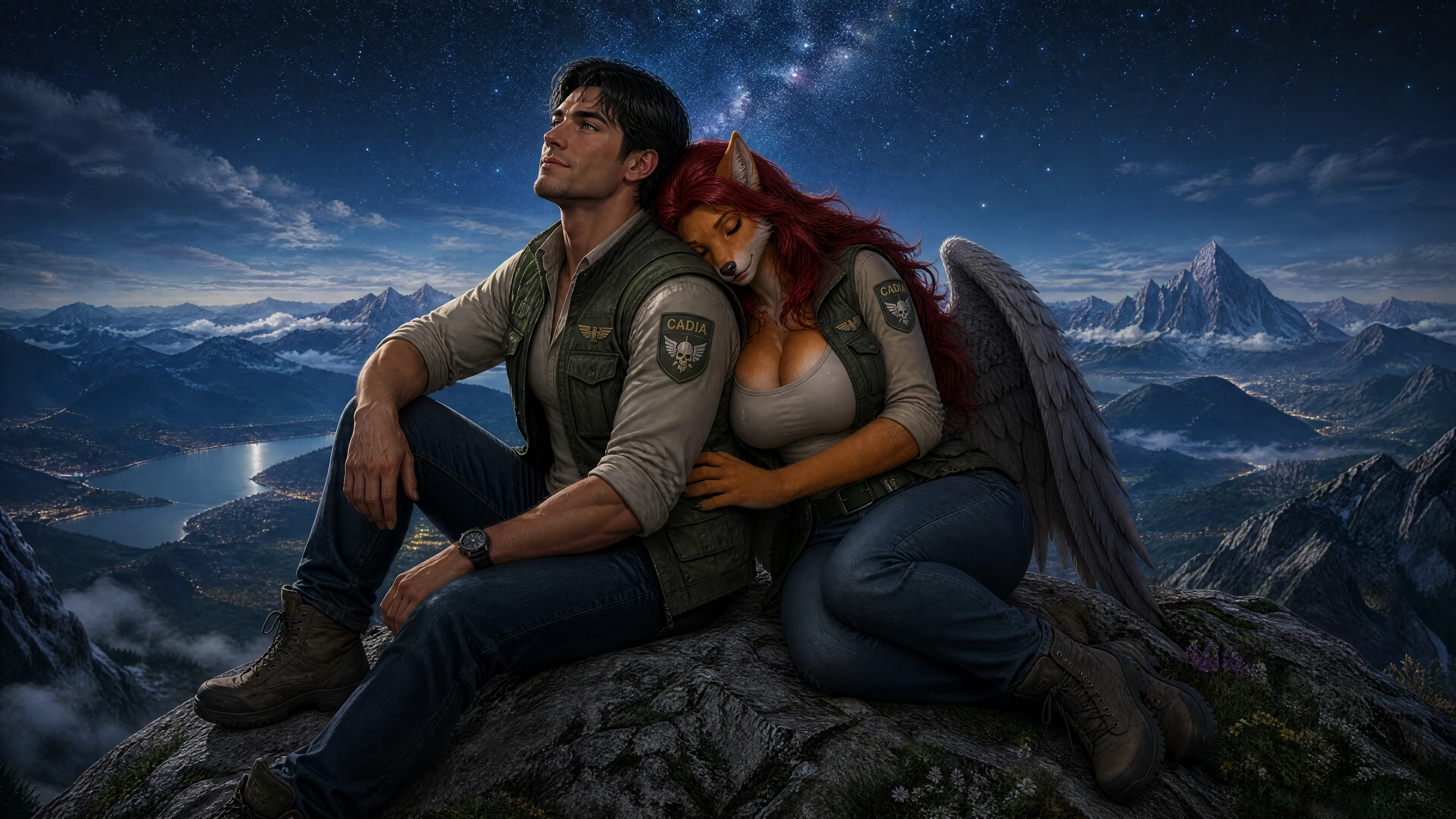 Homem e mulher-loba alada descansando sob um céu estrelado
