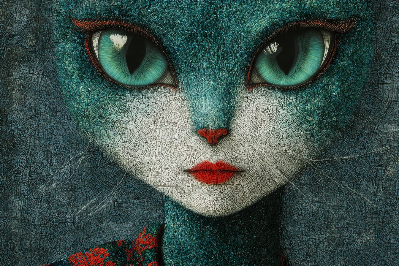 Portrait de chat surréaliste et glamour aux yeux bleu‑vert saisissants