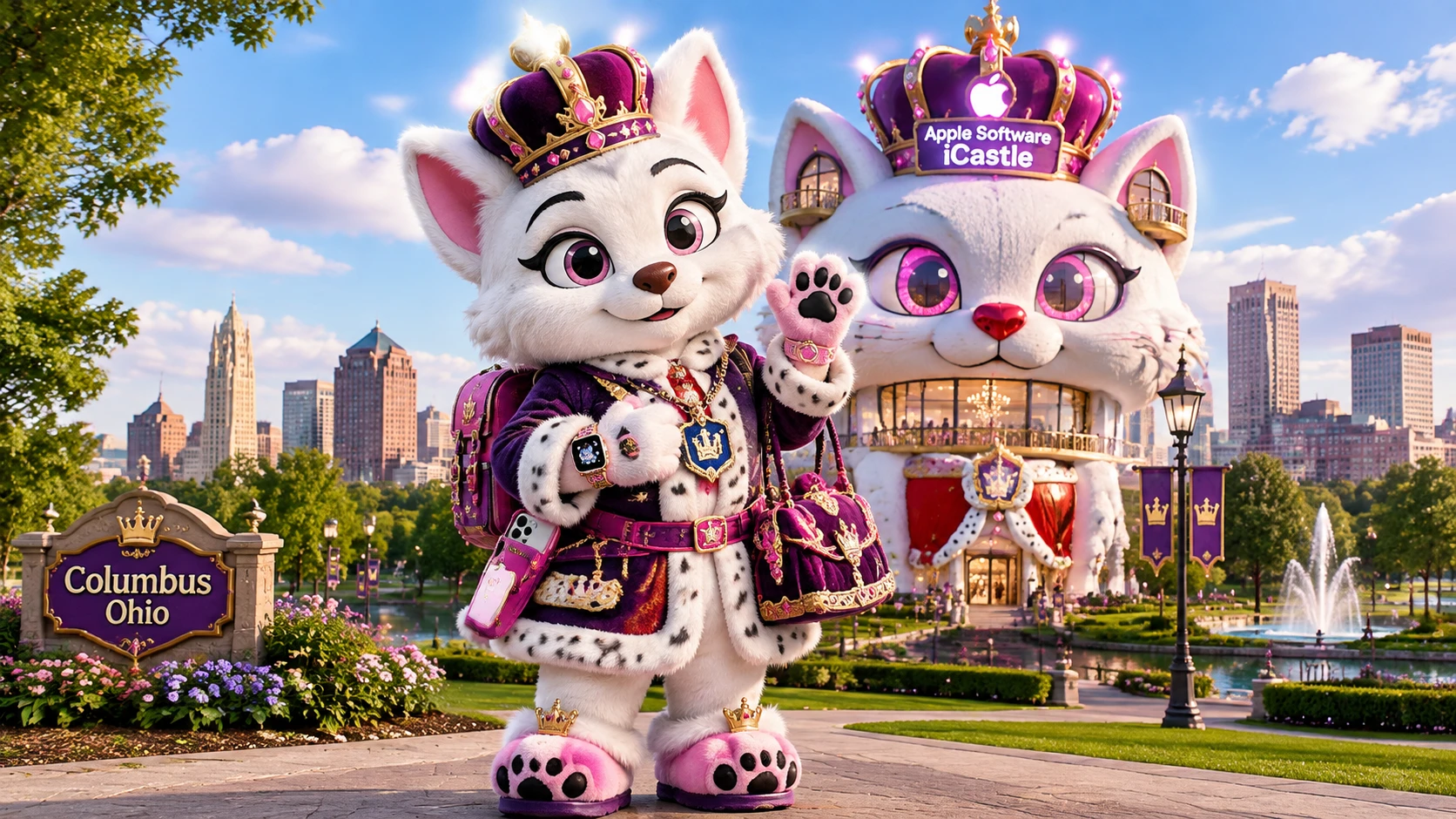 Dog mascot queen girl in royal outfit standing upright