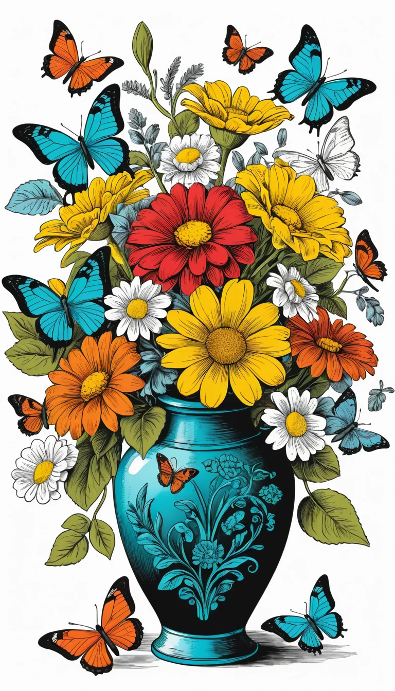 Bright flower vase illustration with playful butterflies