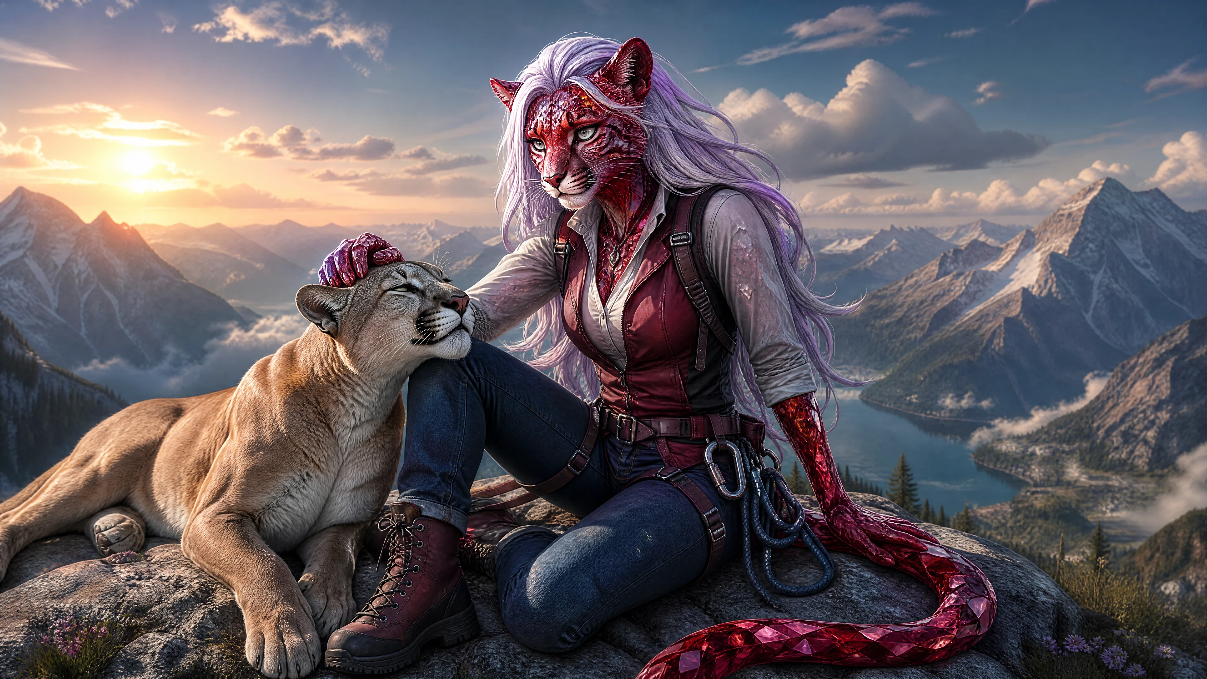 Mulher guepardo de cristal acariciando um puma no topo da montanha
