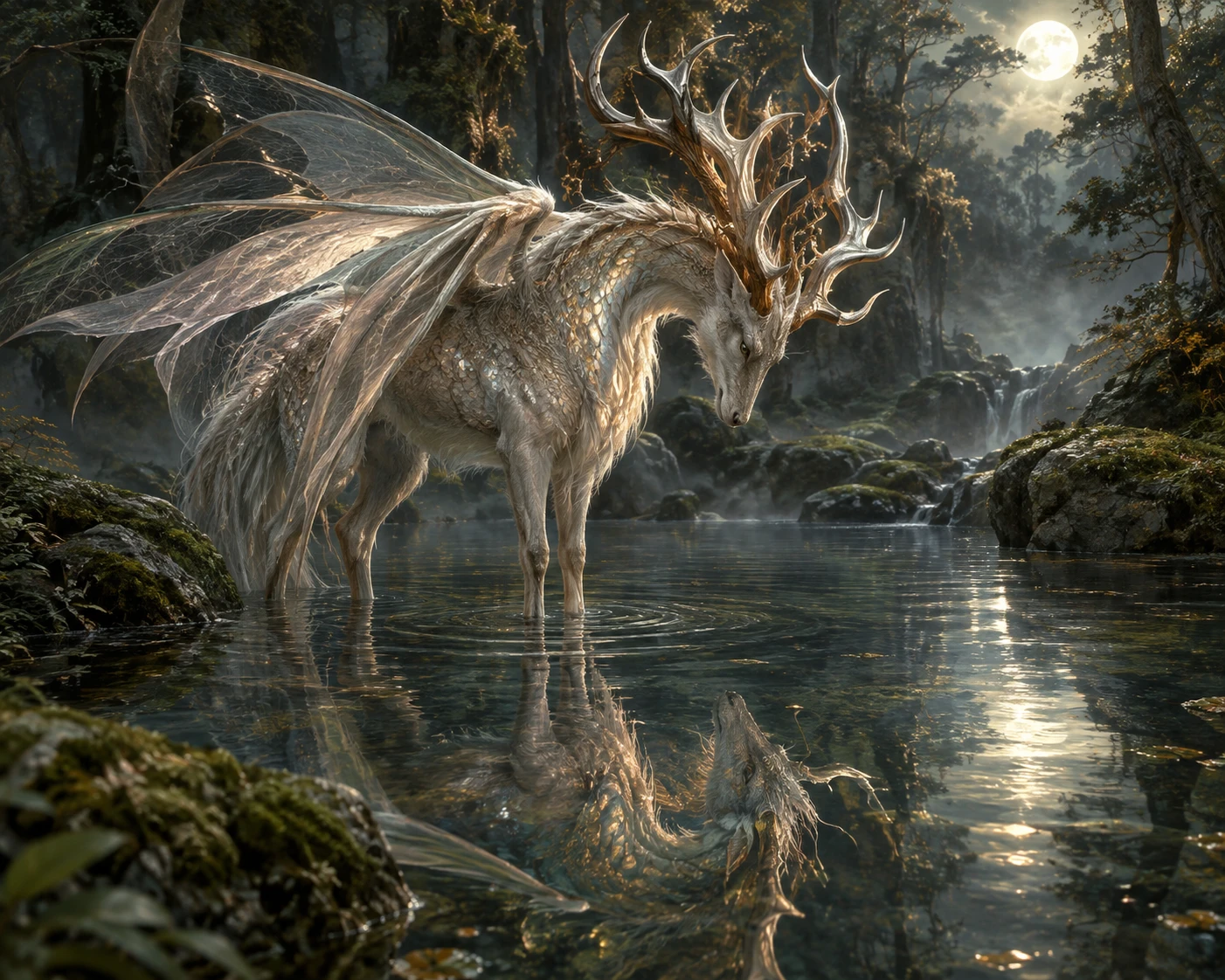 Híbrido de cervo e dragão refletido em lago na floresta ao luar