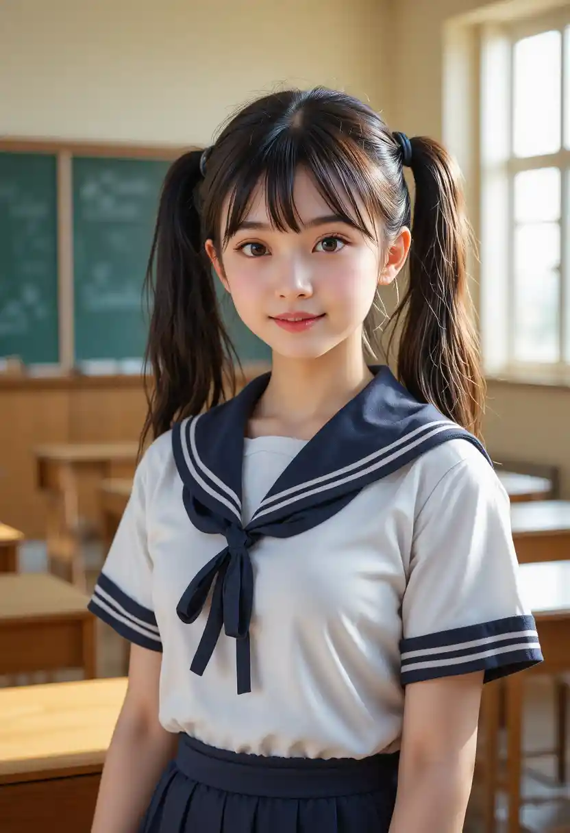陽光教室中微笑的水手服女學生
