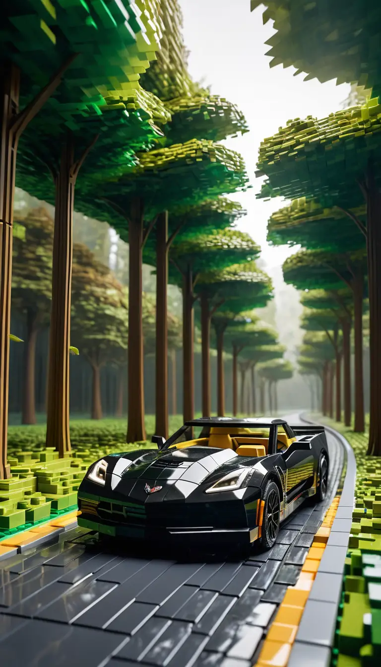 Schwarze Lego-Corvette fährt auf einer Waldstraße