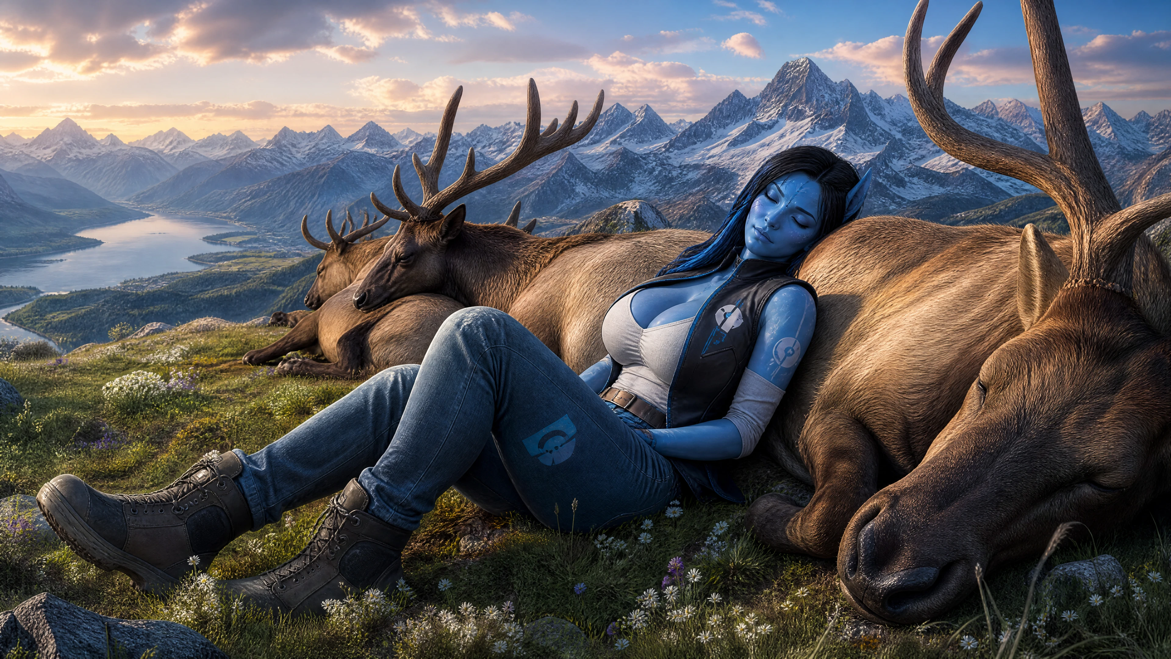 Mulher de ficção científica de pele azul dormindo entre alces em repouso