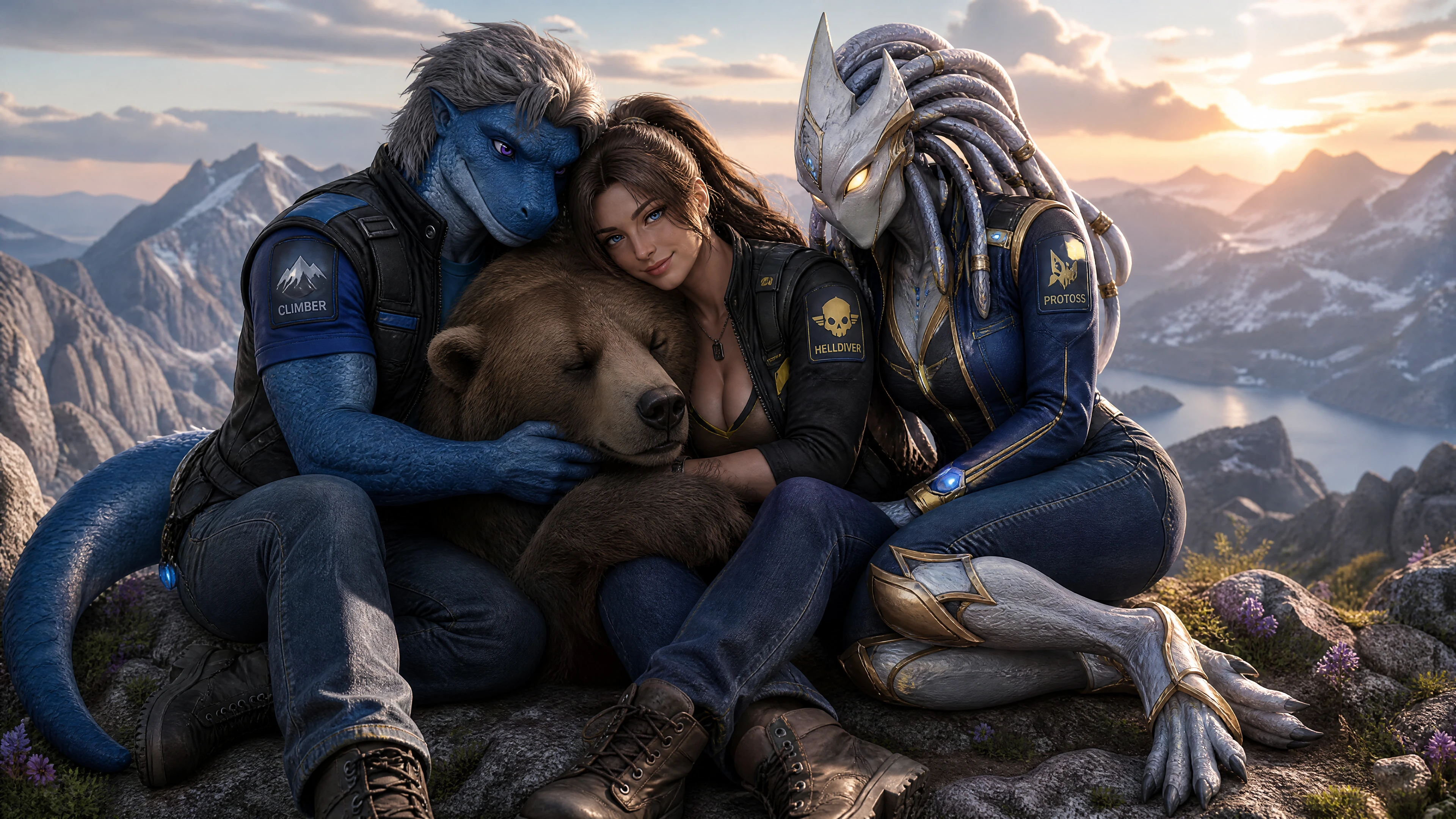 Anthro Alligator Friends Cuddling A Bear On Mountain Summit