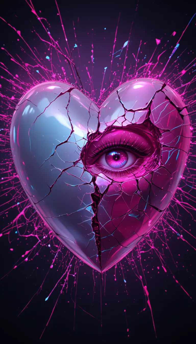 Cœur réfléchissant brisé avec œil observateur et aura glitch rose