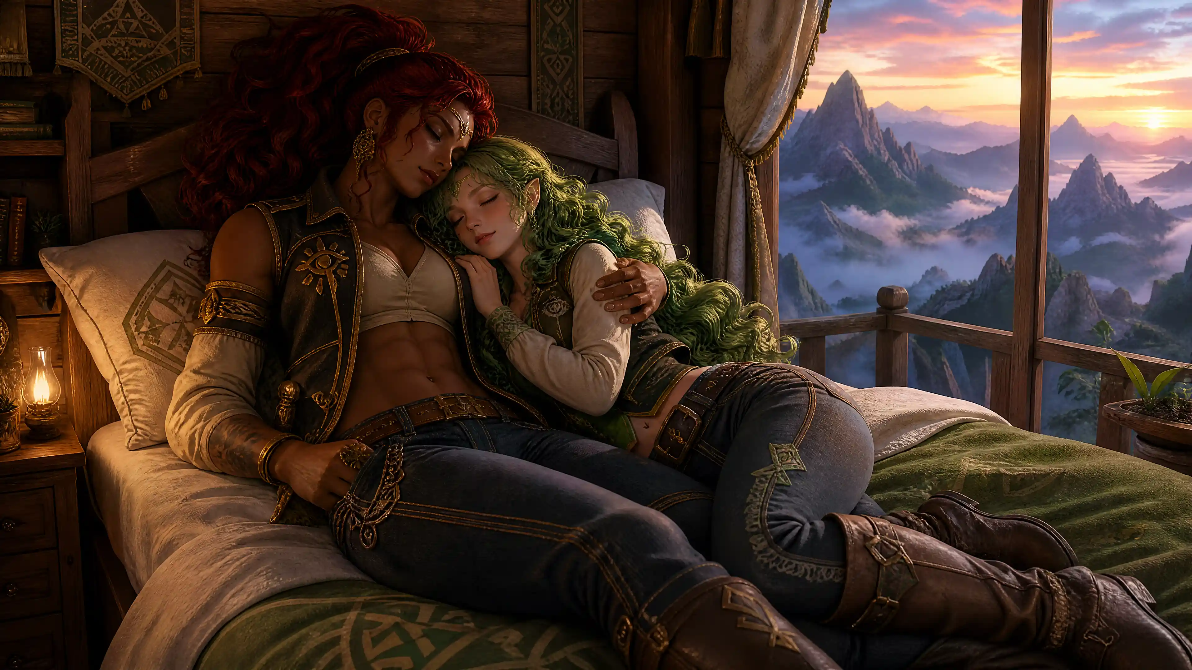 Fantasy couple sleeping together in cozy mountain cabin bedroom