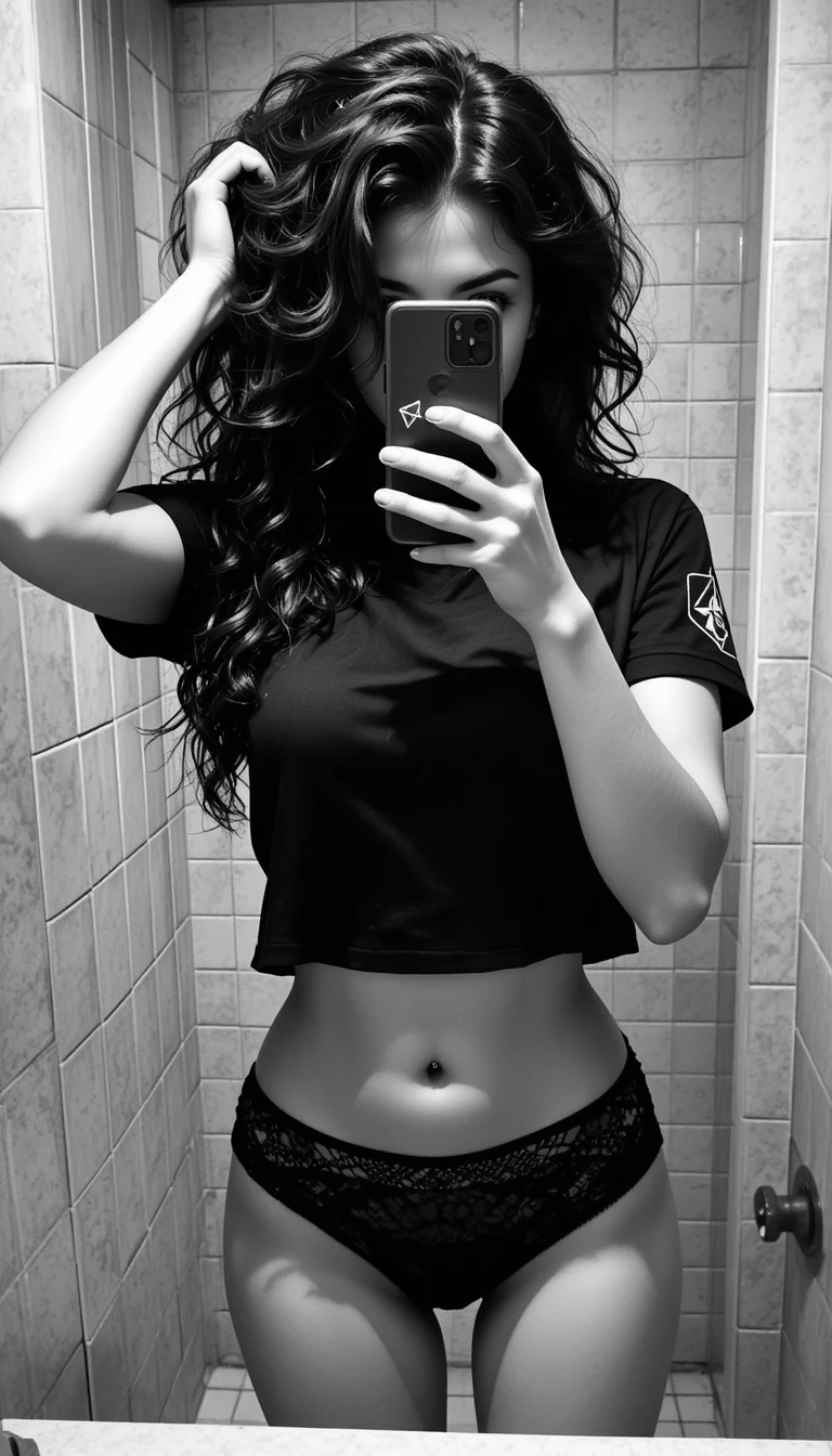 Selfie em preto e branco de mulher no espelho do banheiro