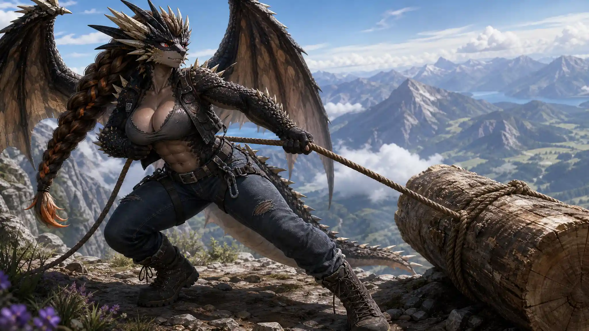Winged dragon woman hauling a massive log on mountain summit