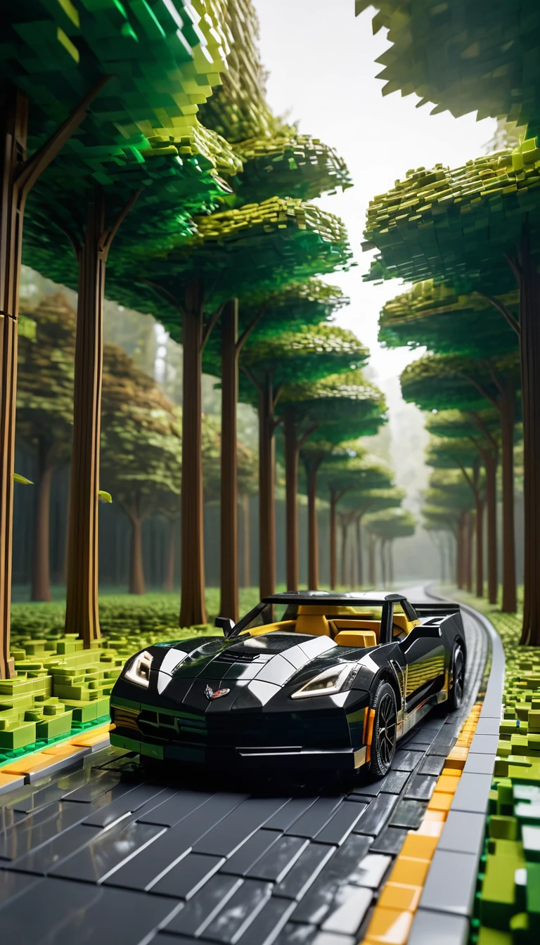 Corvette preta de Lego dirigindo por uma estrada na floresta